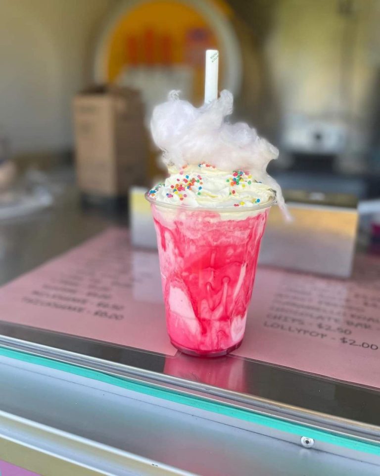 Pink fairy floss specialty milkshake made by Dreamtime Icecreamery
